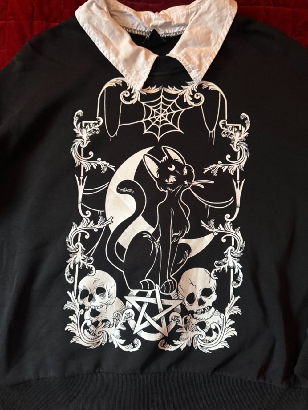 Dolls Kill Black Sweatshirt with White Gothic Cat Graphic
